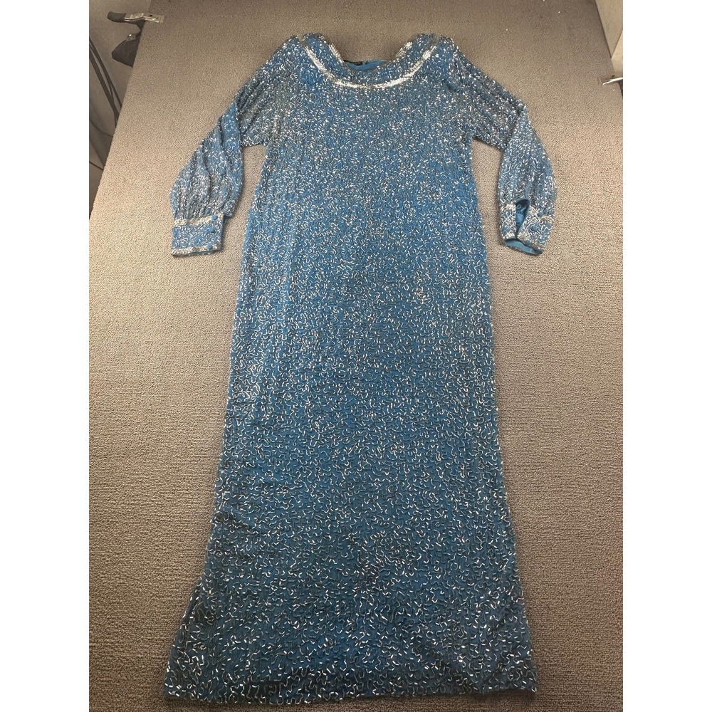 Vintage Rose-Ann Dress Women S‎ Blue Beaded Gown Maxi Long Sleeve 70s Glam Party